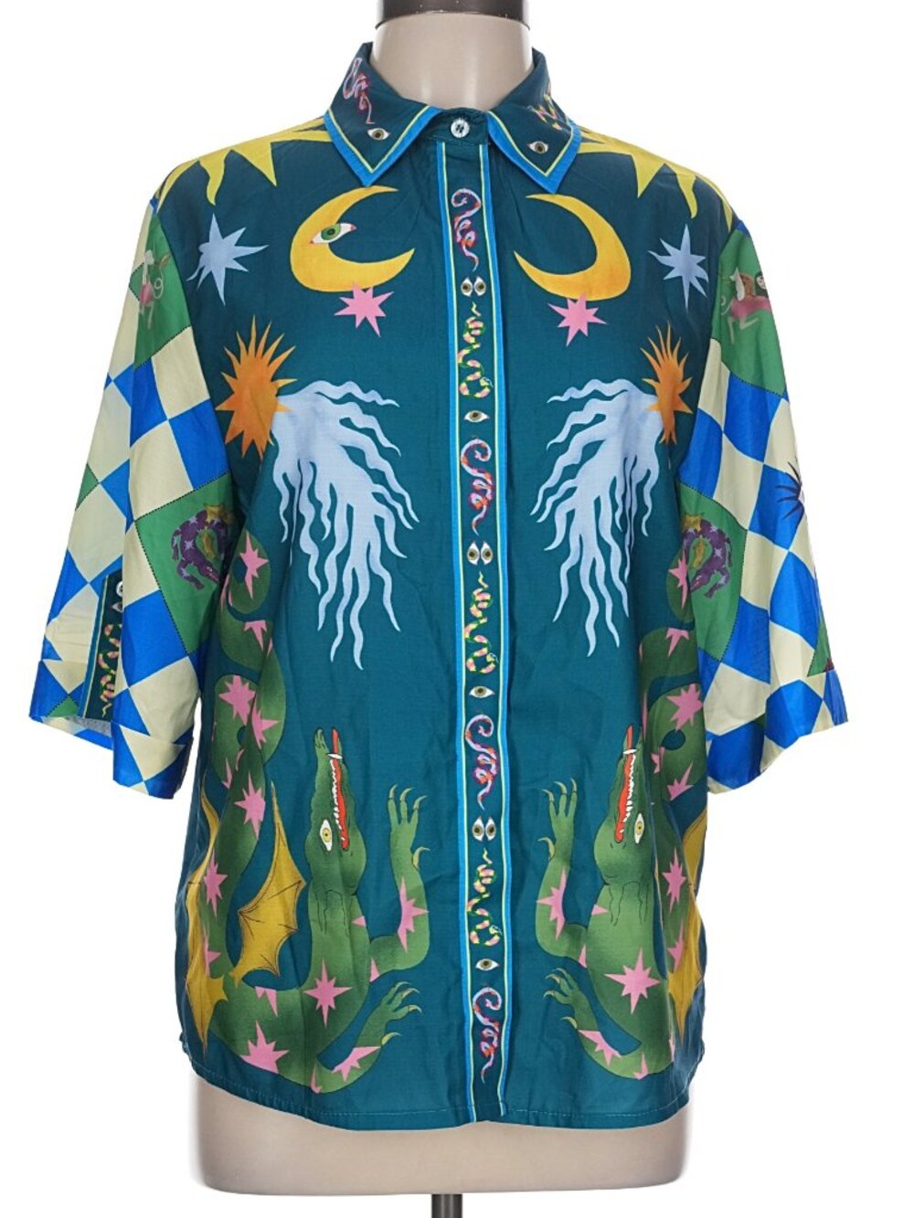 Celestial Dragon Graphic Button Down Shirt Green Blue Teal M/L Free Shipping!